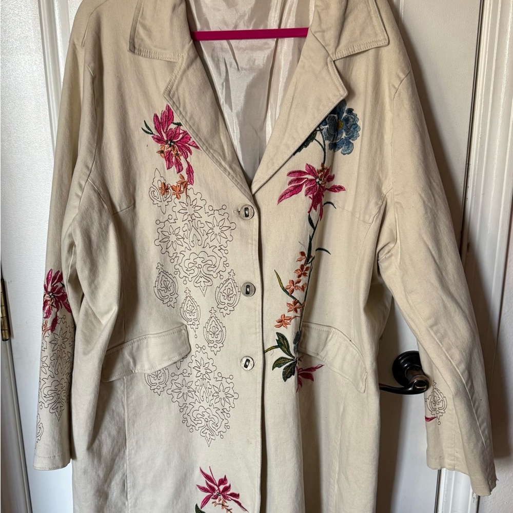 Floral Embroidered Beige Trench Coat